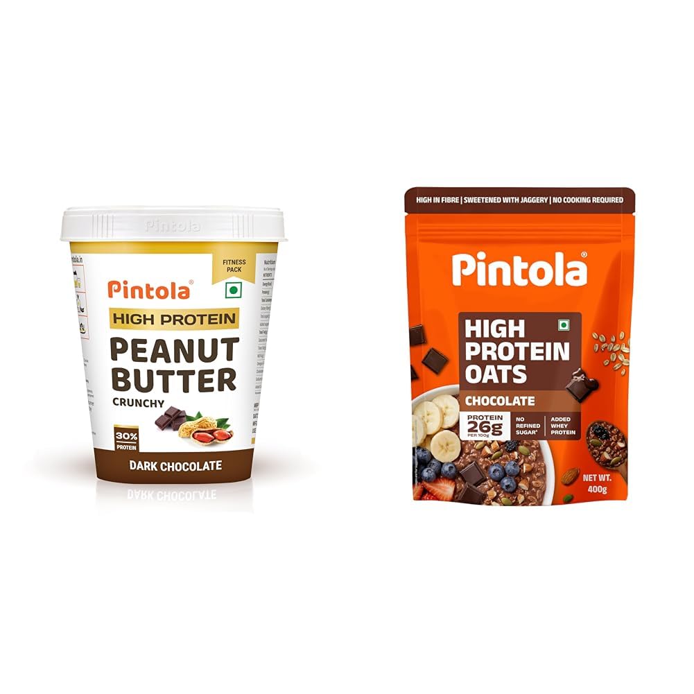 PINTOLA High Protein Peanut Butter Chocolate Flavour Crunchy 1kg, Added WHEY Protein, 30g + PINTOLA 25g High Protein Oats 400g, Dark Chocolate,No Refined Sugar, with Almonds Raisin,-image-23
