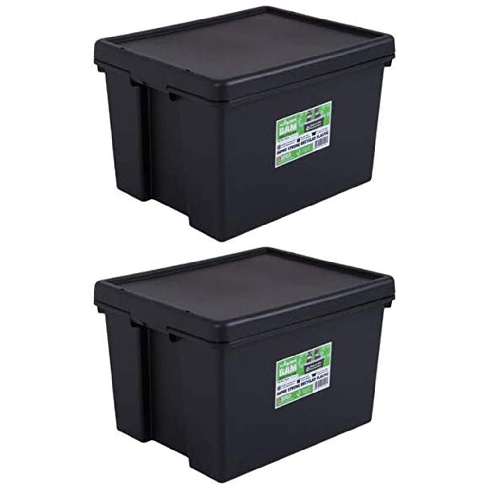 100% Recycled Super Strong Impact Resistant Black Re-Usable Storage Boxes With Lids 45 Litre 50 x 39.5 x 32cm (2 Boxes)