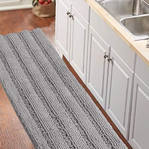 Turquoize Gray Kitchen Runner Chenille Shag Area Rug Non Slip Backing for Kitchen Floor Runner Rug with Water Absorbent Bath Room Mat for Kitchen/Tub/Living Room, 59" X 20", Dove Gray, Striped Pattern