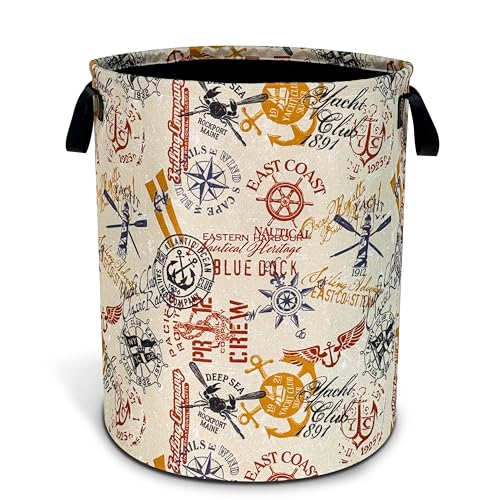 Image of Anchor Compass Laundry Basket Foldable Waterproof Hamper 18.9 x 16.5 Inch | Oxford Cloth With Reinforced Handles Lining Design Large-Capacity Storage For Bathrooms /Laundry Rooms / Living Rooms /Bedrooms