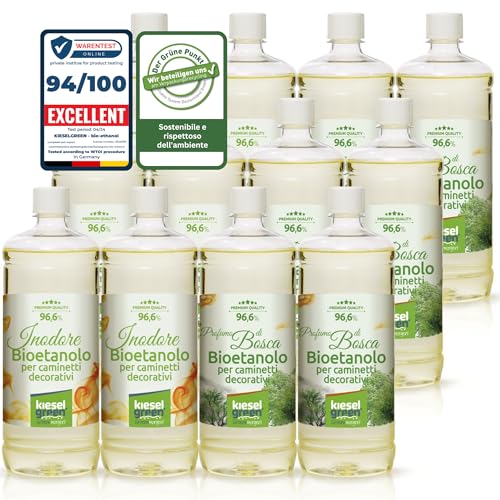 KieselGreen Bioethanolo 12 x 1 litro Set (6x Inodore + 6x con Fraganza) per Caminetto a Etanolo – Bio-etanolo profumato per Ambienti - Profumo per Caminetto a bioetanolo da Interno o da Tavolo