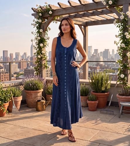 Image of Sakkas Maya Floral Embroidered Sleeveless Button Up Rayon Dress