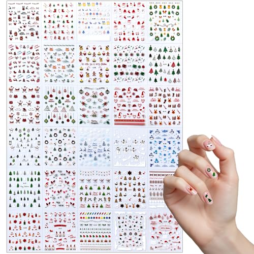 30 hojas pegatinas para uñas Navidad, adhesivos de nail art autoadhesivos, diseños navideños variados, decoración para uñas naturales y acrílicas, fácil de aplicar y quitar, ideal para fiestas
