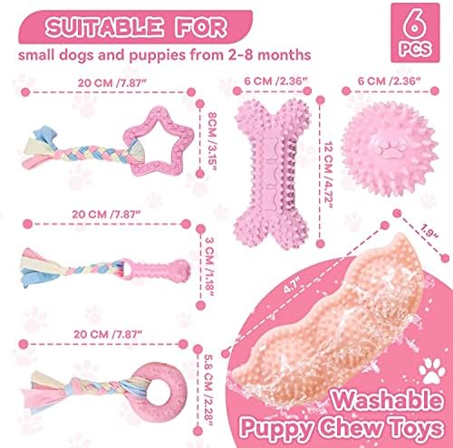 SKXEO Small Dog Chew Toys-6pcs Dog Puppies Teething Chewing Toy Set with Ball and colorful Ropes, Squeaky Interactive Pet Toys for Small Medium Dogs(Pink)