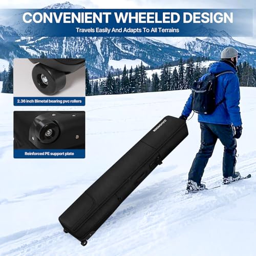 DAUSROOB Snowboard Bag with Wheels, Fully Padded Ski Bag for Air Travel 1680D Waterproof Fabric, Rolling Ski Travel Bag for Flying, Durable, Large Capacity for Skis, Boots and Helmets (175CM-BLACK)