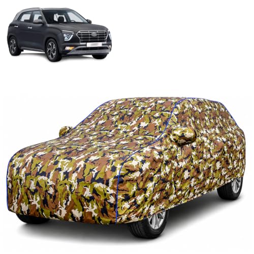 Image of Waterproof Car Body Cover for Hyundai Creta SX IVT with Mirror Pocket| Cotton Inner Lining | Triple Stitched | All Weather Protection | Dust, UV & Rain Proof (Camouflage with Blue Piping)