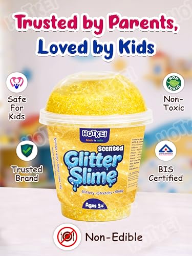 Image of HOTKEI Yellow Glitter Slime for Kids 3+ Years Super Stretchy Soft and Smooth Shiny Non-Toxic Sparkle Fun Slime Toy Birthday and Return Gift for Boys and Girls