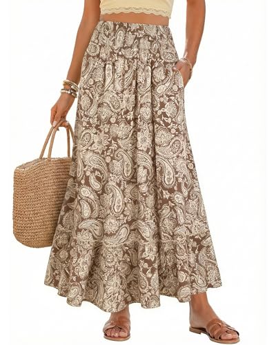 Bsubseach Womens Boho Floral Print Maxi Skirts Elastic High Waist