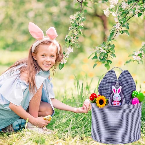 Image of Easter Basket Seersucker Egg Hunt Bunny Baskets for Kids with Cute Rabbit Ears Stripe Storage Gifts Candies Personalized Easter Party Gifts