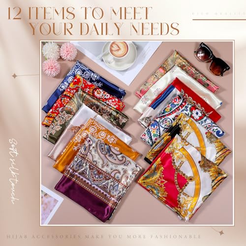 Hicarer 12 Pcs 35 Inch Satin Head Scarf Square Silk Like Neck Scarf Large Hair Scarf Silk Lightweight Hair Wrapping for Women 7