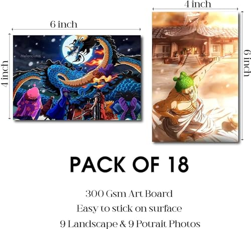 Image of ATEVON One Piece Anime Wall Collage Kit - Pack of 18 Posters (6x4 Inches) Featuring Luffy Zoro Kaido and Straw Hat Pirates - Multicolor Room Decor for Bedroom Dorm and Anime Wall Art Display
