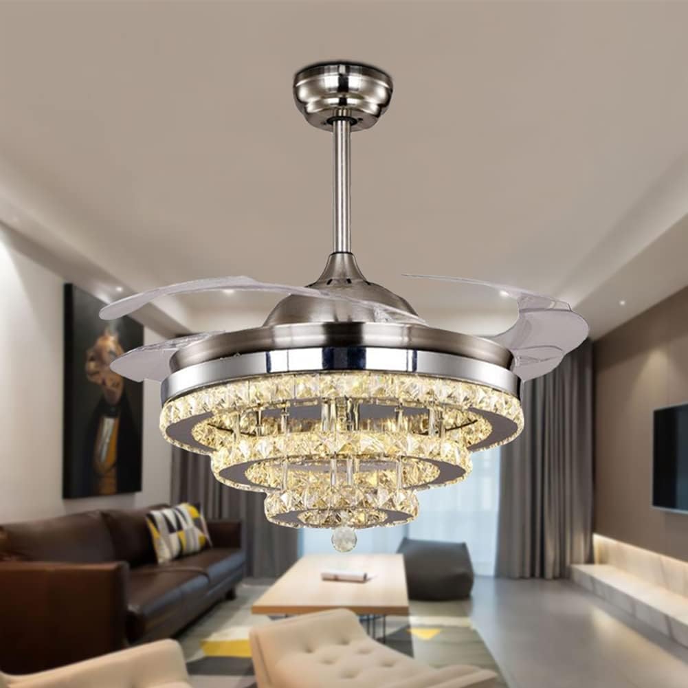 ONEKISS 42inch Retractable Crystal Ceiling Fan with Lights Invisible Blades Chandelier Remote Control Modern 3 Colors Change Silent for Living Room Bedroom Sliver Silver DS103 42inch