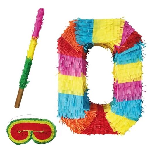 Party Factory – Pinata Set Stab & Augenmaske Geburtstagsdeko Kinder zum Befüllen & aufhängen – Schlag-Piñata als Party Deko in 50x35x8 cm für Kindergeburtstag & Mottopartys – Partyspiel Pinjata Zahl 0