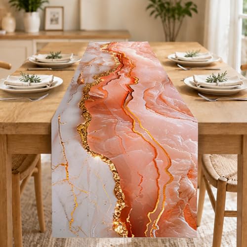 Image of Nuxovilar Pink Gold Marble Table Runner Flax 13x72 in | Holiday Runner Flax Placemats Dining Accessories Set Romantic Dinner Elegant Area Room (Pink Gold Marble)