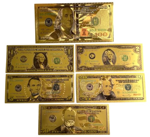 6 PCS Gold Foil U.S. Dollar Bill Bookmarks – Includes $1 to $50 Notes in $100 Foil Envelope – Motivational Novelty Currency – Collectible Gift for Entrepreneurs & Dreamers