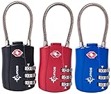 TSA Cable Lock for Luggage – Small 3 Dial Combination Padlock Ideal for Travel – Added Security for Suitcases and Backpacks (3 Pack – Black, Red and Blue)
