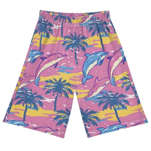 ALAZA Color Wave Palm Tree Dolphin Pajama Shorts Elastic Waist Casual Sleep Shorts with Pockets Size 6-14