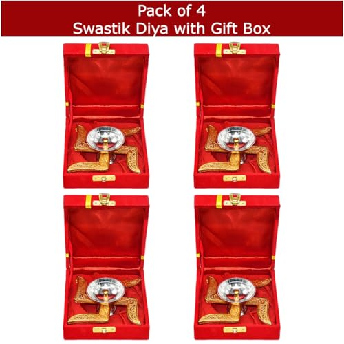 Image of Saugat Traders Corporate Gifts for Diwali Combo Pack of 4 - Metal Swastik Diya with Box Gift for Clients, Office Employees, Family, Friends - Religious Return Gifts Bulk