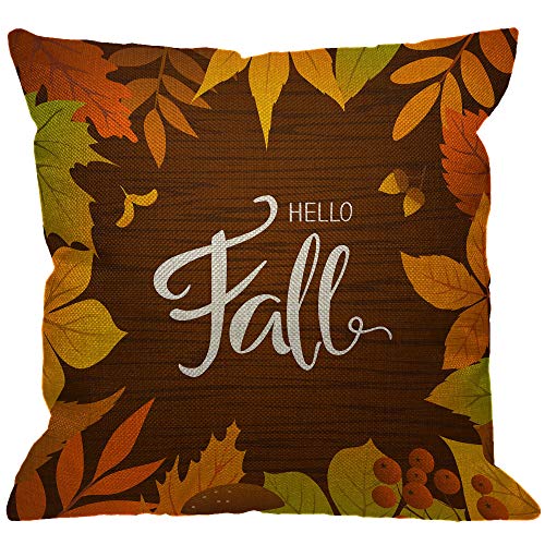 HGOD DESIGNS Hello Fall Throw Pillow Cover,Nature Seasonal Autumn Leaves Birch Bouquet Branch Foliage Leaf Brown Decorative Pillow Cases Cotton Linen Cushion Covers for Home Sofa Couch 18x18 inch