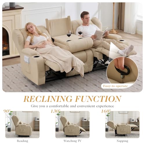 Image of Loveseat Recliner Sofa with Flip Middle Seat,3 Seater Reclining Couch Wall Hugger Recliners for Small Spaces,Fabric Manual 3 Seater Sofa Recliner with Cup Holders /Lumbar Pillows,RV Furniture,Beige