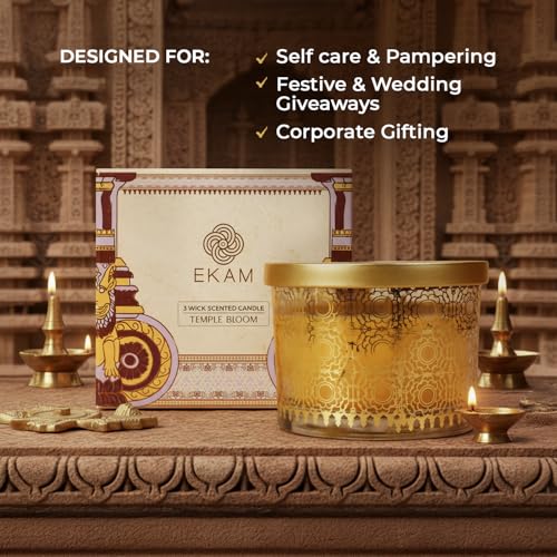 Image of EKAM 2025-26 Festive Fragrance Gift| Scented 3 Wick Candle| Temple Bloom | Inspired by Stone Palace | 28-Hour Burn | Essential Oil Infused | Gift Box for Diwali & Celebrations