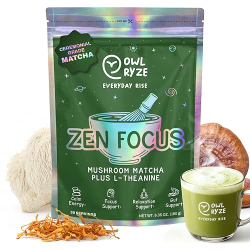 OwlRyze Mushroom Matcha Instant Zen Focus - Ceremonial Grade Matcha Power with 6 Functional Mushrooms, Lion's Mane, Cordyceps & L-Theanine for Calm Focus Energy, Immune Support - 100% Vegan, 30 Servings