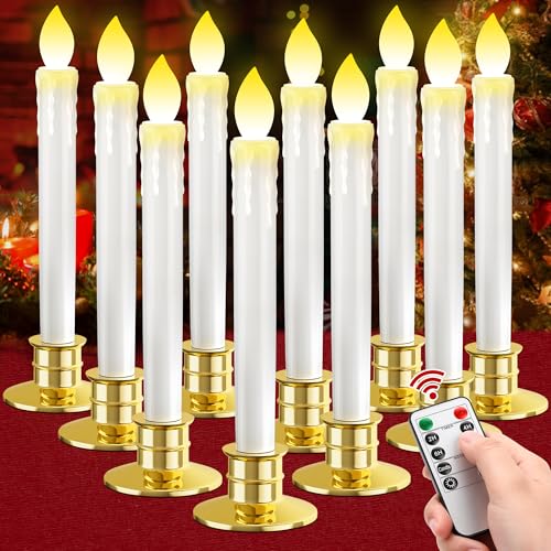 10 Pack Christmas Window Candles with Remote: Battery Operated LED Candles with Drip Texture with Timer - Flickering Flameless Candles with Candlesticks for Home Decor Christmas Halloween Wedding