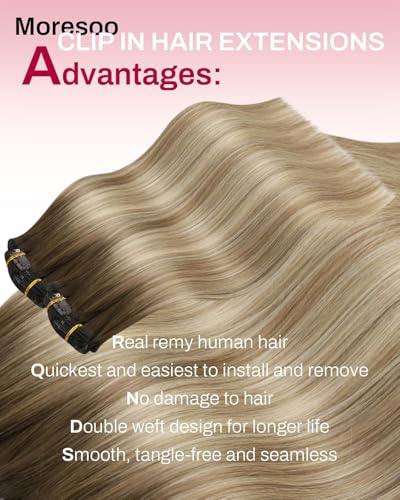 Image of Moresoo Balayage Hair Extensions Clip in Real Human Hair Brown to Light Brown with Golden Blonde Ombre Clip in Extensions Human Hair Double Weft Clip on Hair Extensions 7Pieces 120Grams 18inch