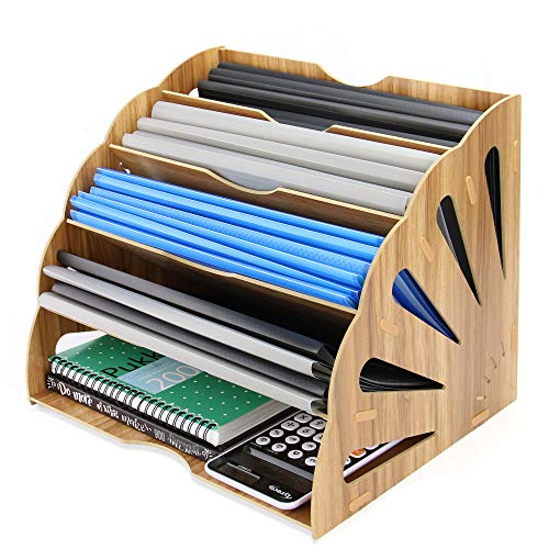Wooden Filing Trays | Office Desk File Organiser | 5 Dividers | Letter & Mail Storage | Magazine & Document Rack | Desktop Tidy | Pukkr