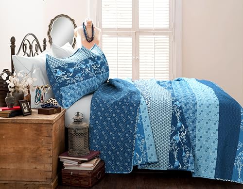 Image of Lush Decor Royal Empire Reversible Cotton Quilt Set, 3 Piece Set King, Navy - Striped Bedding Set - Floral Quilt King Size - Boho Decor