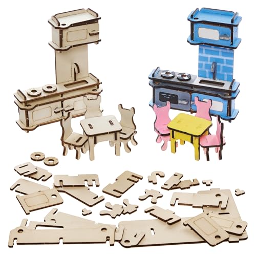 Baker Ross FN573 DIY Doll House Kitchen Furniture Woodcraft Kits - Pack of 1, Make Your Own Dolls House Furniture for Kids
