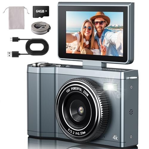 Image of 4K Digital Camera for Photography 64GB Sd Card 64MP Autofocus Anti-Shake Vlogging Camera for YouTube with 3 inch 180Hd Flip Screen 18x Digital Zoom 2000 mah Battery