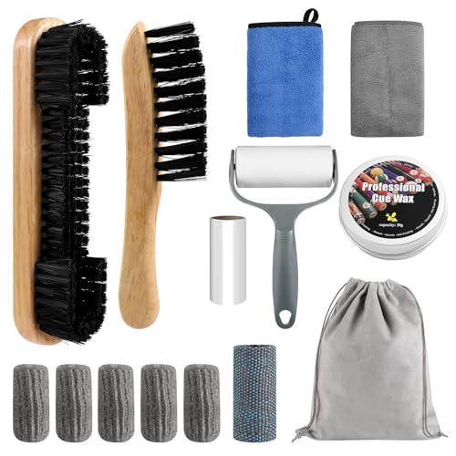 Winucue Pool Table Brush Set, 14pcs Billiard Table Felt and Cue Cleaning Accessories with 2 Wooden Brushes, Cue Cleaning Cloth, Ferrule Polish Cloth, Shaft Wax, Towel Burnisher and Sticky Lint Roller