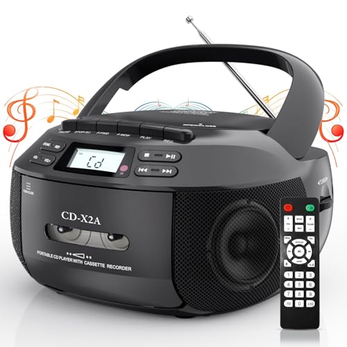 Lettore CD portatile con lettore di cassette con nastro CD MP3 USB FM riproduzione Bluetooth, Boombox con display a LED e telecomando, alimentazione AC DC per riunioni di famiglia