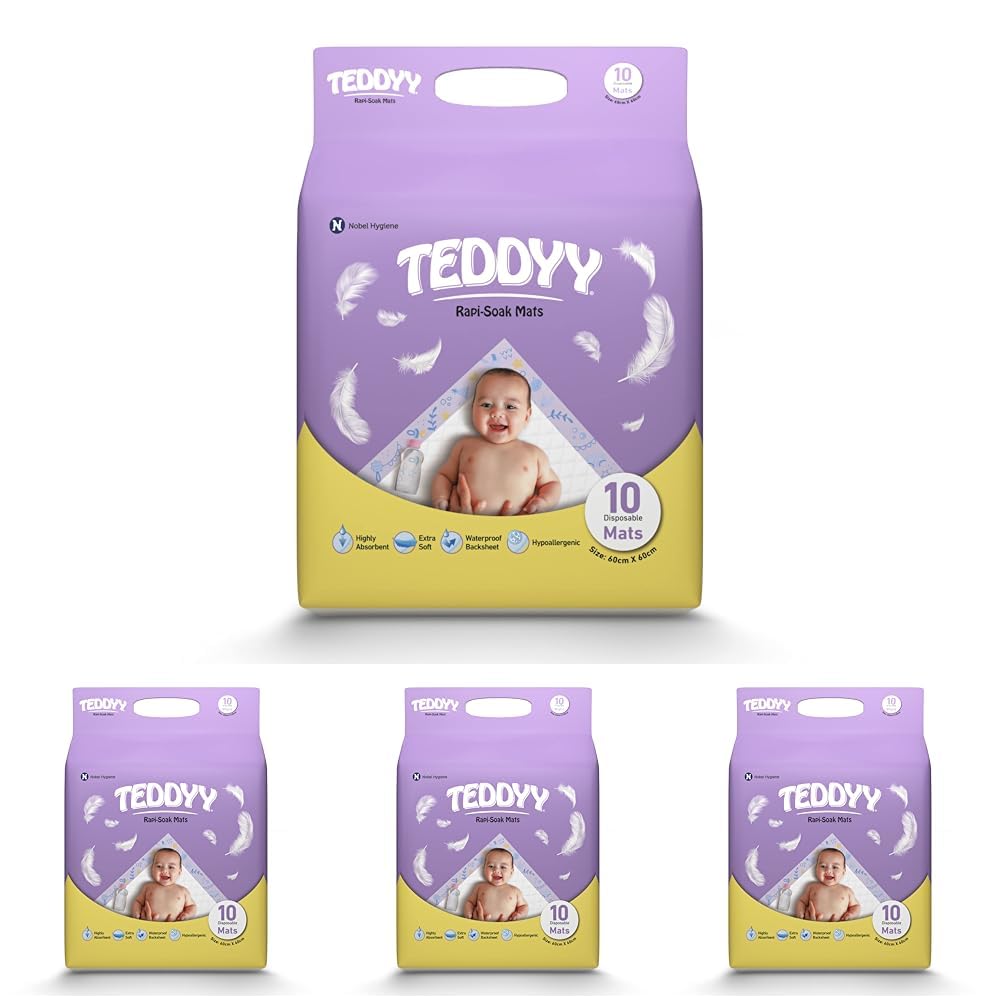 TEDDYY Baby Disposable Rapi-Soak Changing Mats Size - 60 X 60 Cm | 10 Count | Highly Absorbent | Unisex | Anti-Rash | Extra Soft top layer | Anti-Bacterial & Leak- Proof (Pack of 4)-image-46