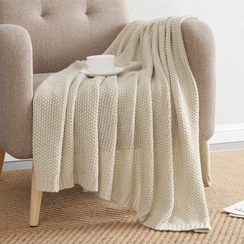 Bourina Bed Throw Acrylic Chunky Knitted Throw Blanket, 50" X 60" Beige Textured Decorative Throw Blanket Thick Solid For Couch Chairs,Bedroom,Office Home,Travel Blanket #TOP7