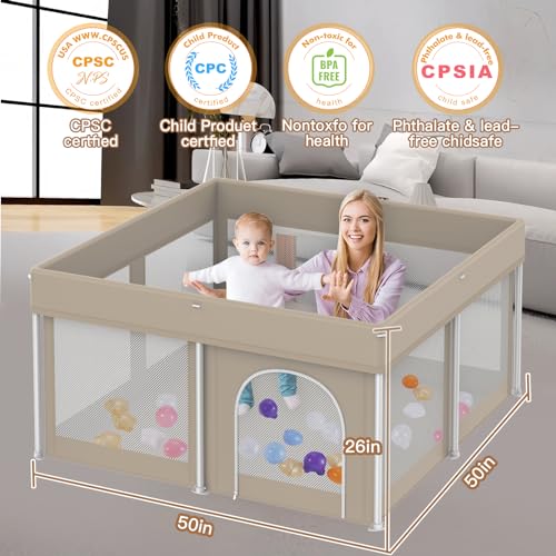 Image of Foldable Baby Playpen 50 inchx50 inch, Playard for Babies and Toddlers, Portable Safety Baby Fence Lightweight,No Installation, Indoor & Outdoor Playpen with Ocean Balls*50, Beige
