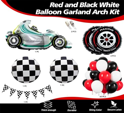 Image of Pop The Party Racing Car Theme Birthday Decoration Kit For Boys - 38 Pieces With Black and White Checkered Racing Flags