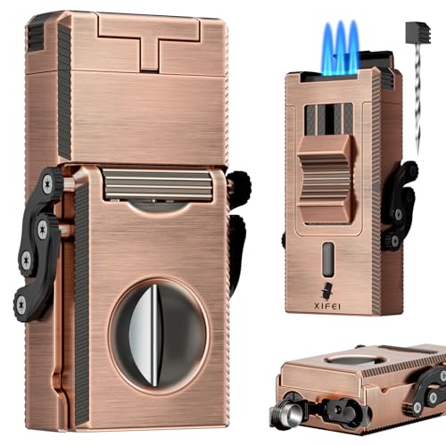 XIFEI 5-in-1 Cigar Lighter with Triple Jet Flame, Refillable Butane Torch Lighter with Foldable V Cut Cutter Cigar Punch Cigar Stand Cigar Draw Enhancer, Windproof Lighters with Gift Box (Bronze)