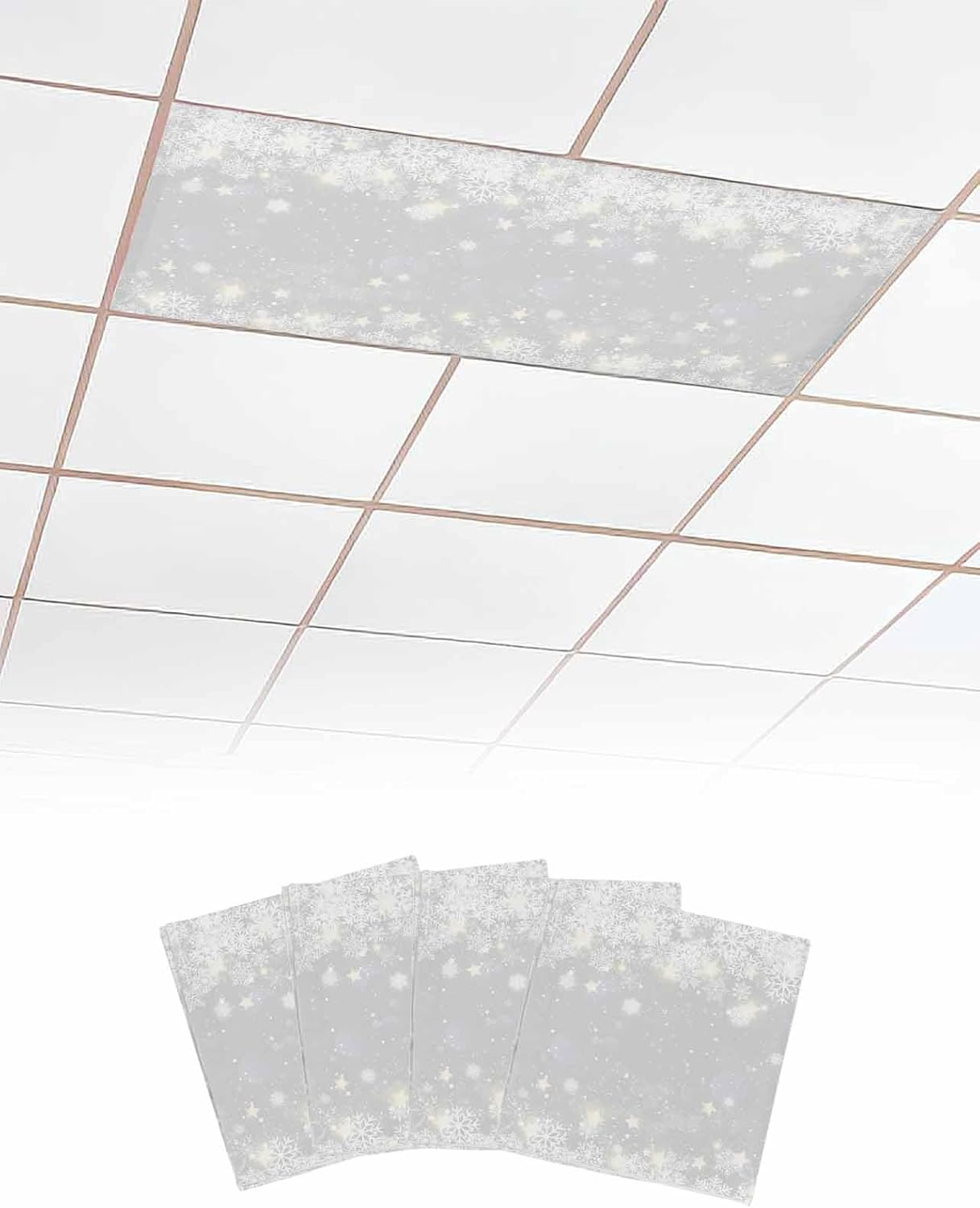 Christmas Snowflake Winter Scenery Magnetic Light Filters 4 Pack 4x2 ft Grey White Ceiling Light Cover for Classroom Office Holiday Home Drop Lamp Decor