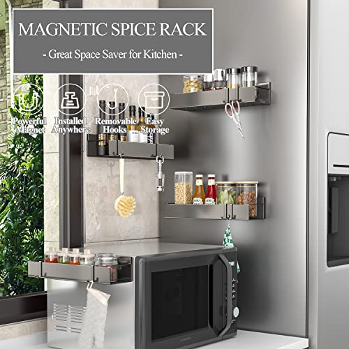 Alphyse Magnetic Spice Rack For Refrigerator, 11.8 Inch Adhesive Wall Mount Spice Rack, Strong Magnetic Shelf For Refrigerator, Space Saving Kitchen Organizer With 8 Removable Hooks (Gun Gray，4 Pack) #TOP1