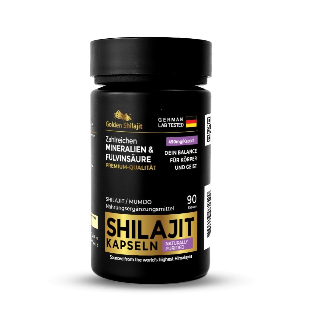 Goldene Shilajit-Kapseln 450 mg 90 Kapseln (3-Monats-Vorrat) Mumijo mit über 85 Natürliche Mineralien mit Fulvinsäure & Huminsäure Natürliche Energie und Vitalität, Pflanzlich, Laborgeprüft