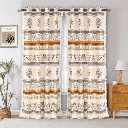 Image of Amazon Brand - Umi Bohemian Curtains for Door, Microfiber Cotton Curtain 7 Feet Long Pack of 2 Curtain with Tassels,Eyelets Included, 40-60% Room Darkening