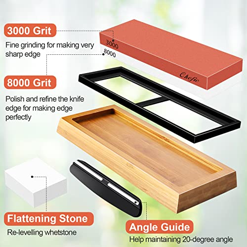 Sharpening Stone Whetstone Knife Sharpener Stone, Chefic 3000/8000 Grit Knife Sharpening Kit Wet Stone with Flattening Stone, Angle Guide, Non Slip Bamboo Base for kitchen, pocket knife sharpener - Thumbnail 3