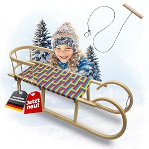BAMBINIWELT Hörnerrodel 120 cm Regenbogendesign - Holzschlitten aus massivem Buchenholz - Hörnerschlitten mit Rückenlehne, Buntem Gurtsitz, Zugseil & Stahlkufen