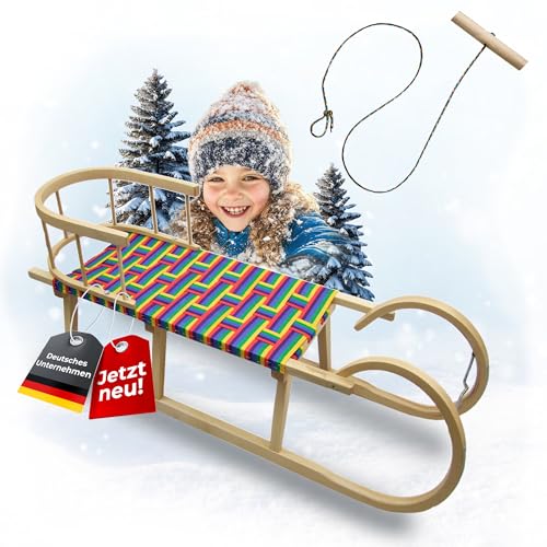 BAMBINIWELT Hörnerrodel 120 cm Regenbogendesign - Holzschlitten aus...