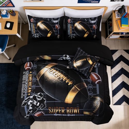 A Nice Night Football Field Printed Comforter Sets with Rugby Player Running Printing 6Pcs Bedding Set in a Bag for Teen Boys Twin