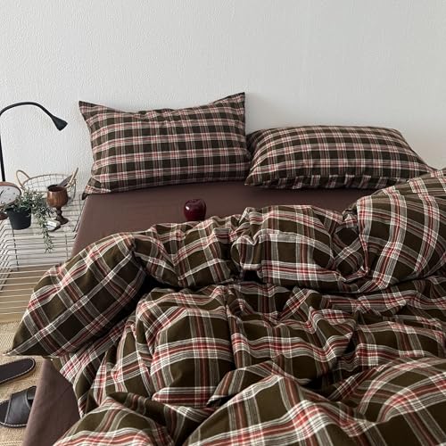 Image of Plaid Duvet Cover Full Size Red Brown Buffalo Gingham Bedding Set Vintage Grid Checkered Soft Lightweight Microfiber Duvet Cover Set with Zipper Closure and 2 Pillowcases