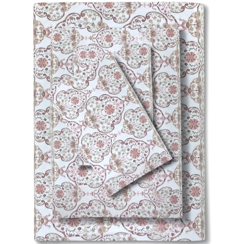 Image of Feather & Stitch Printed 500 TC Twin Size 3pc Damask Bed Sheet Set, 100% Soft Cotton Breathable Bedsheets, 18 inch Deep Pockets Sateen Weave Striped Bedding Mattress Resort Hotel Luxury - Floral Bloom