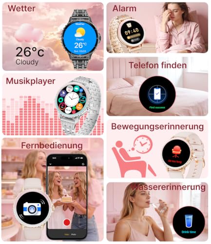 Smartwatch Damen mit Telefonfunktion, Elegante Damen Smartwatch mit 1, 27″, Fitnessuhr mit 100+ Sportmodi, Herzfrequenz/ Schlafmonitor, Sportuhr IP68, Armbanduhr für Samsung/ iOS/ Android, F-7
